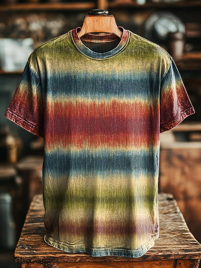 Unisex Vintage Abstract Multicolor Stripe Print Casual Loose T-Shirt