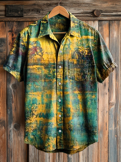 Vintage Abstract Color Art Print Casual Short Sleeve Pocket Shirt