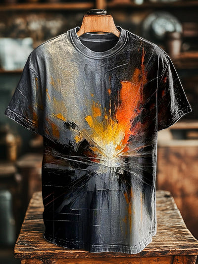 Unisex Vintage Abstract Pigment Swoosh Printed Casual Loose T-Shirt