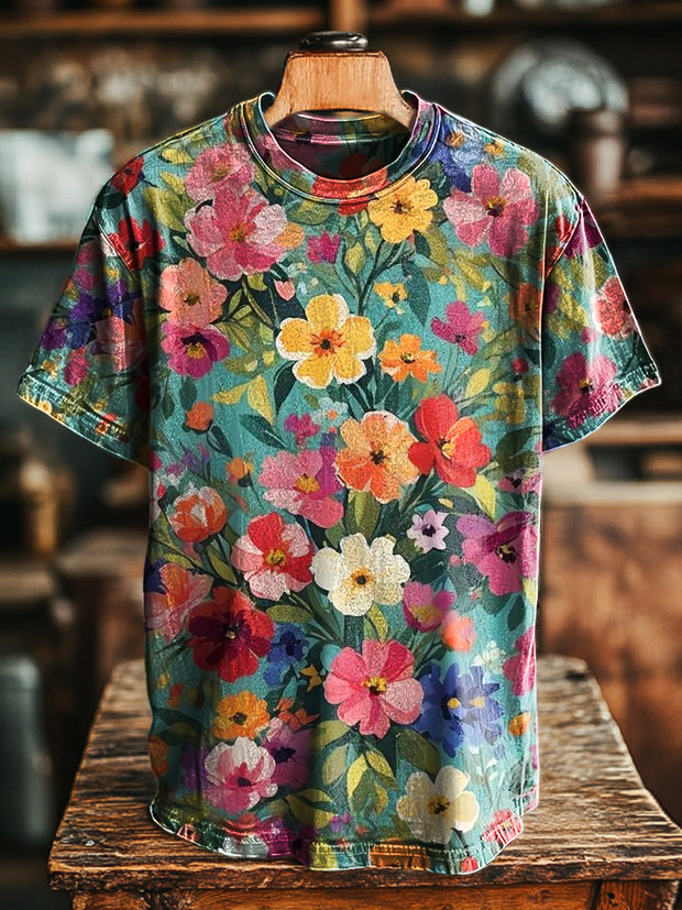 Unisex Vintage Colorful Floral Art Print Casual Loose T-shirt