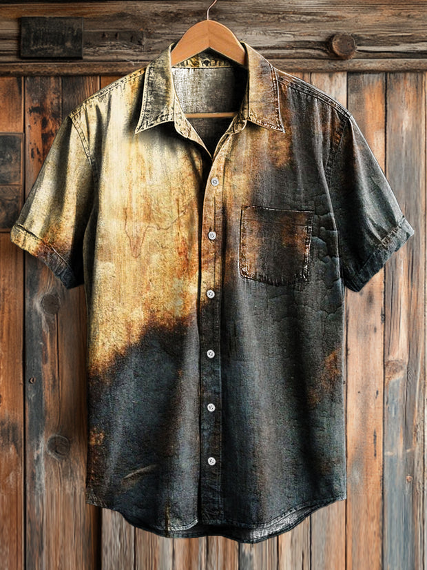 Vintage Distressed Colorblocked Art Print Casual Short Sleeve Pocket Shirt