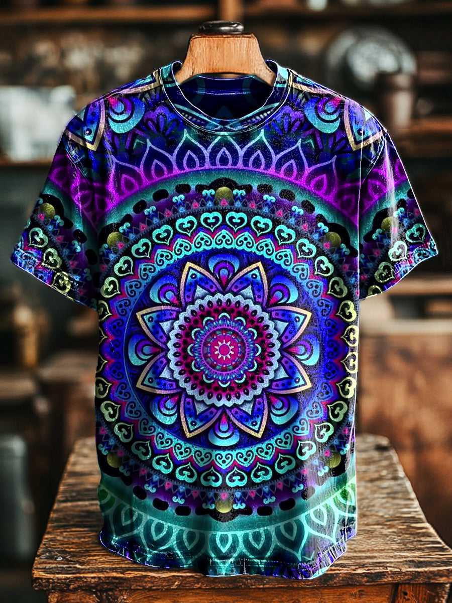 Unisex Vintage Dazzling Colorful Mandala Print Casual Loose T-shirt