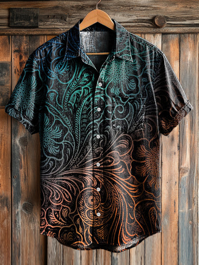 Vintage Gradient Floral Art Print Casual Short Sleeve Pocket Shirt