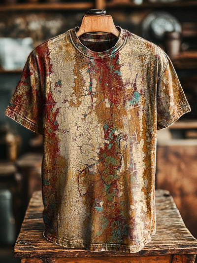 Unisex Vintage Aged Textured Mottled Printed Casual Loose T-Shirt