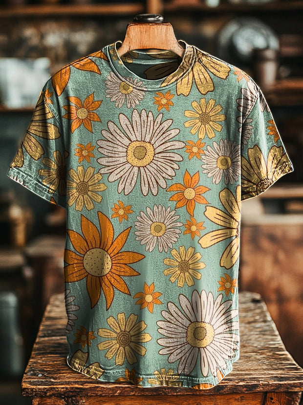 Unisex Vintage Floral Colorful Printed Casual Loose T-Shirt