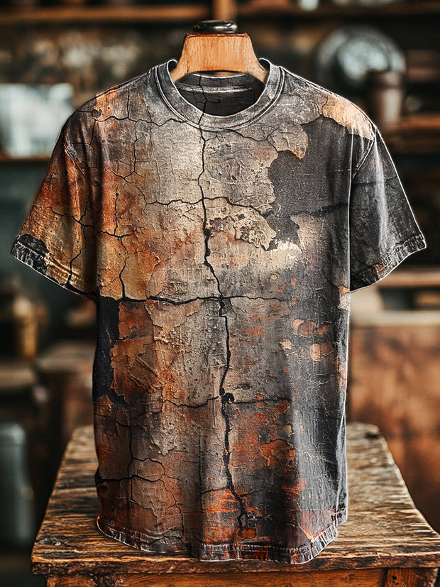 Unisex Retro 3D Cracked Distressed Printed Casual Loose T-shirt