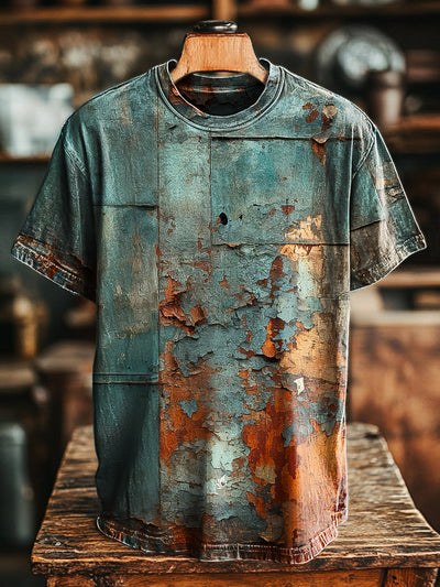 Unisex Vintage Aged Metal Rust Print Casual Loose T-Shirt