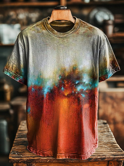 Unisex Vintage Colorblocking Old Art Print Casual Loose T-Shirt