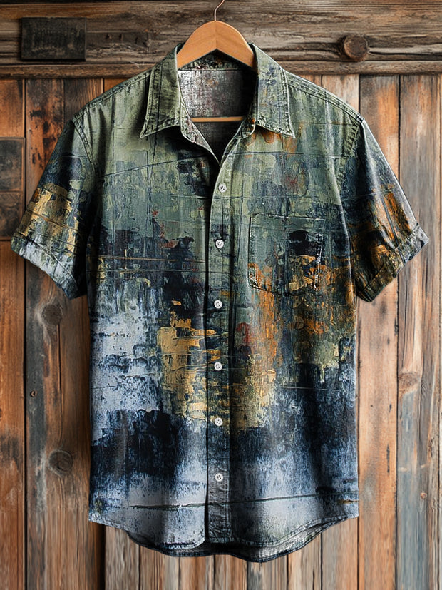 Men's Vintage Abstract Color Graffiti Print Casual Short Sleeve Shirt