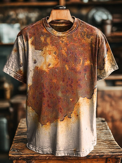 Unisex Vintage Aged Mottled Rust Printed Casual Loose T-Shirt