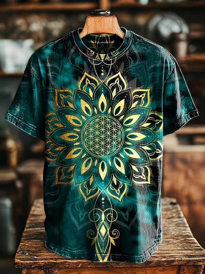 Unisex Vintage Mandala Halo Print Casual Loose Short Sleeve T-Shirt