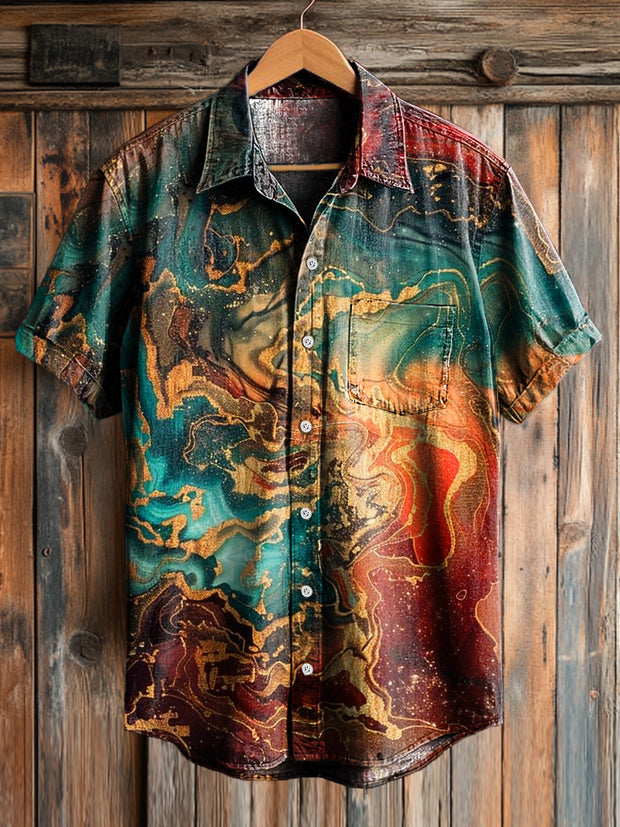 Men's Vintage Abstract Colorful Textured Print Casual Short Sleeve Shirt