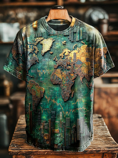 Unisex Retro 3D Map Abstract Printed Casual Loose T-shirt