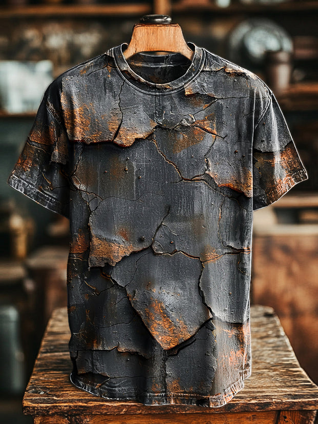 Unisex Vintage Aged Rust Textured Print Casual Loose T-Shirt