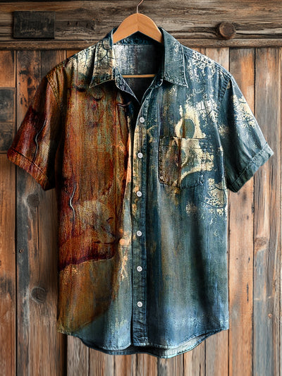 Men's Vintage Abstract Textured Art Print Casual Short Sleeve Shirt