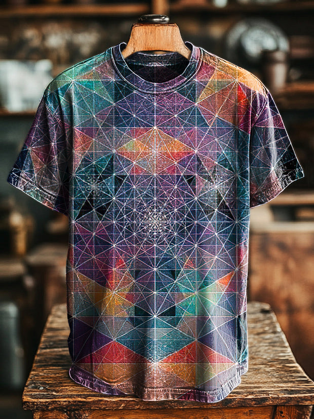 Unisex Vintage Colorful Geometric Art Print Casual Loose T-Shirt