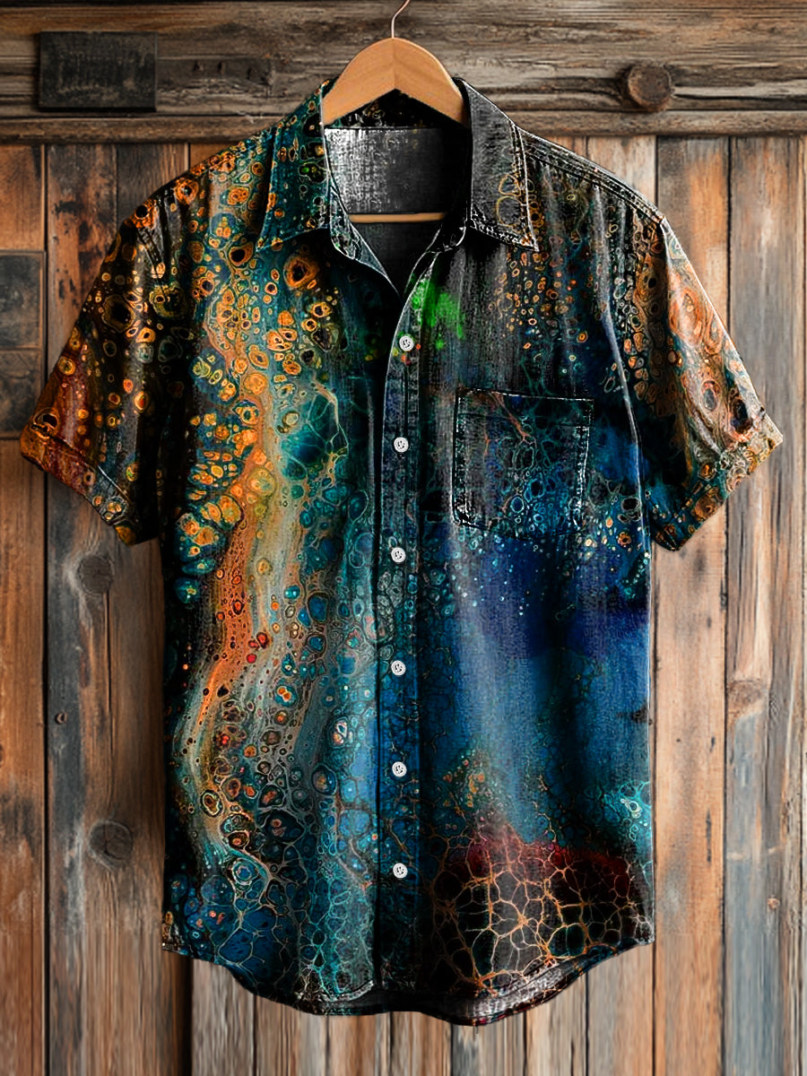 Men's Vintage Abstract Wave Art Print Casual Short Sleeve Shirt