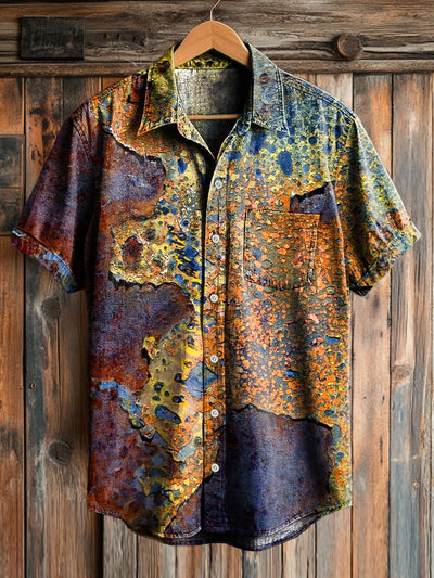 Men's Vintage Aged Mottled Textured Printed Casual Short Sleeve Shirt