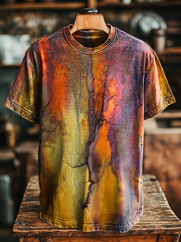 Unisex Vintage Color Swoosh Crackle Print Casual Loose T-Shirt