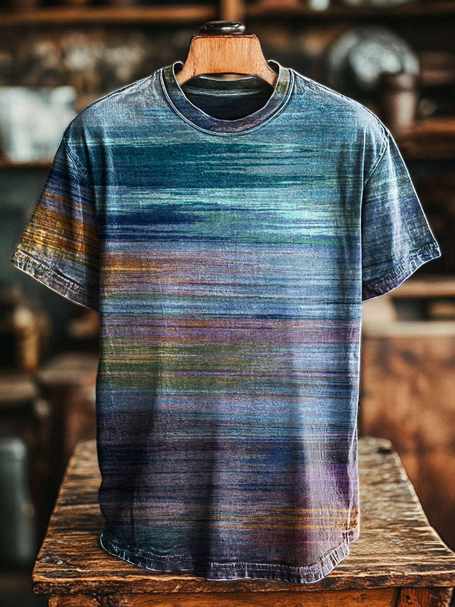 Unisex Vintage Abstract Gradient Stripe Printed Casual Loose T-Shirt