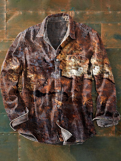 Men's Vintage Aged Rust Textured Art Print Long Sleeve Pocket Shirt