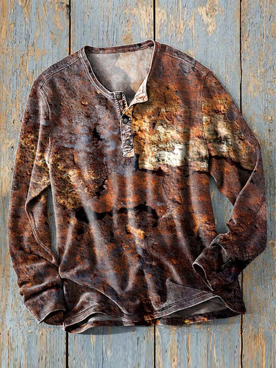Men's Vintage Rust Print Casual Long Sleeve Henley Shirt