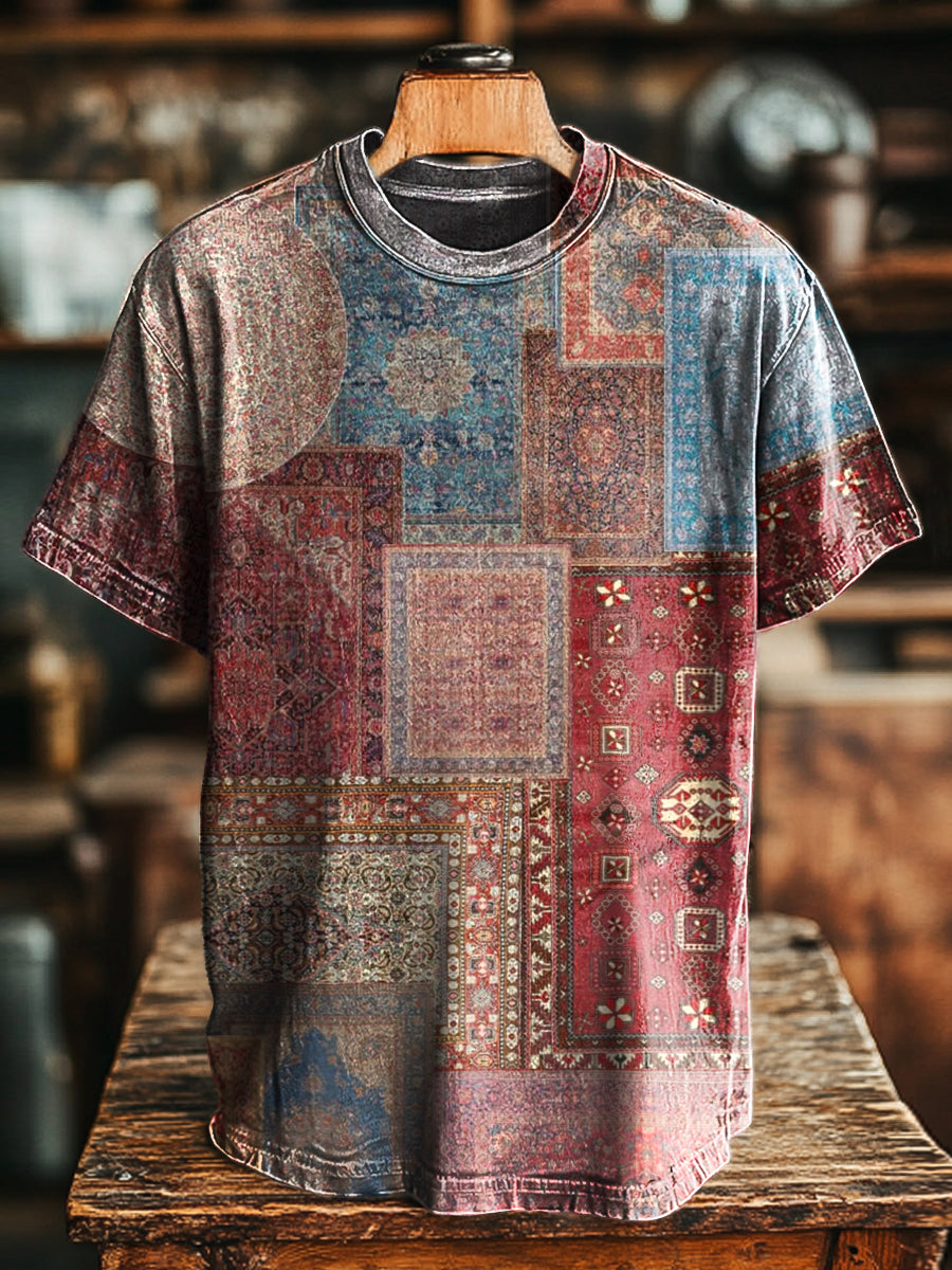 Unisex Retro Ethnic Style Splicing Printed Casual Loose T-Shirt