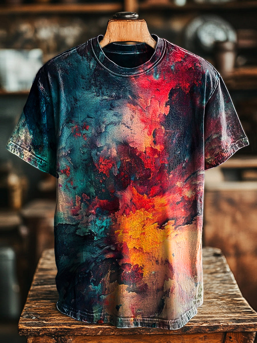 Unisex Retro Abstract Line Texture Print Casual Loose Short Sleeve T-Shirt