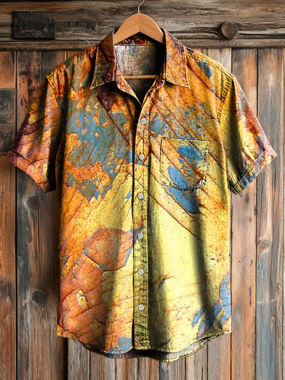 Vintage Paint Textured Art Print Casual Short Sleeve Pocket Shirt