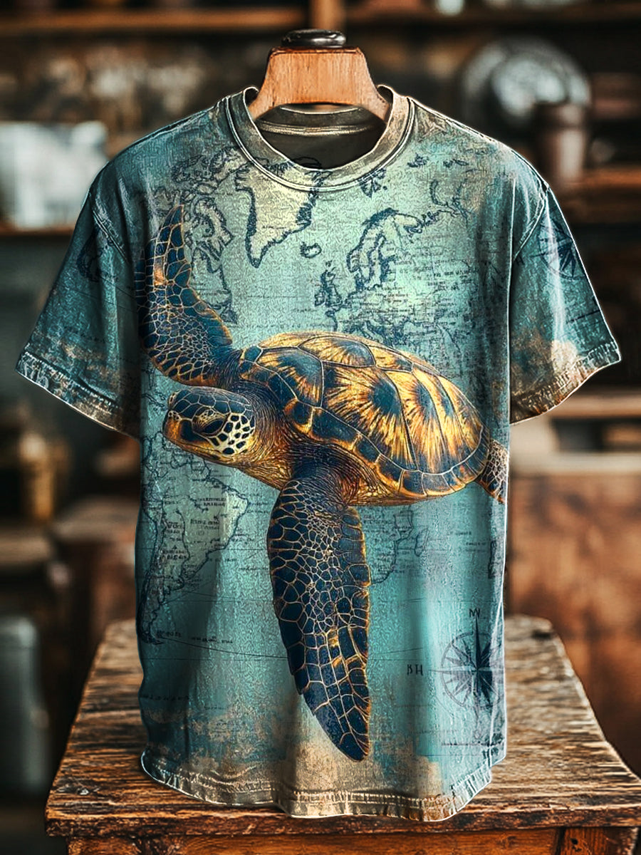 Unisex Vintage Aged Map Turtle Print Casual Loose T-Shirt