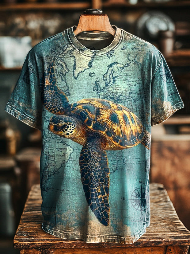Unisex Vintage Aged Map Turtle Print Casual Loose T-Shirt