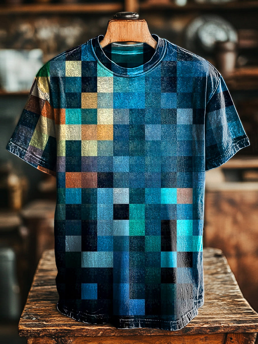 Unisex Retro Colorful Plaid Printed Casual Loose Short Sleeve T-Shirt