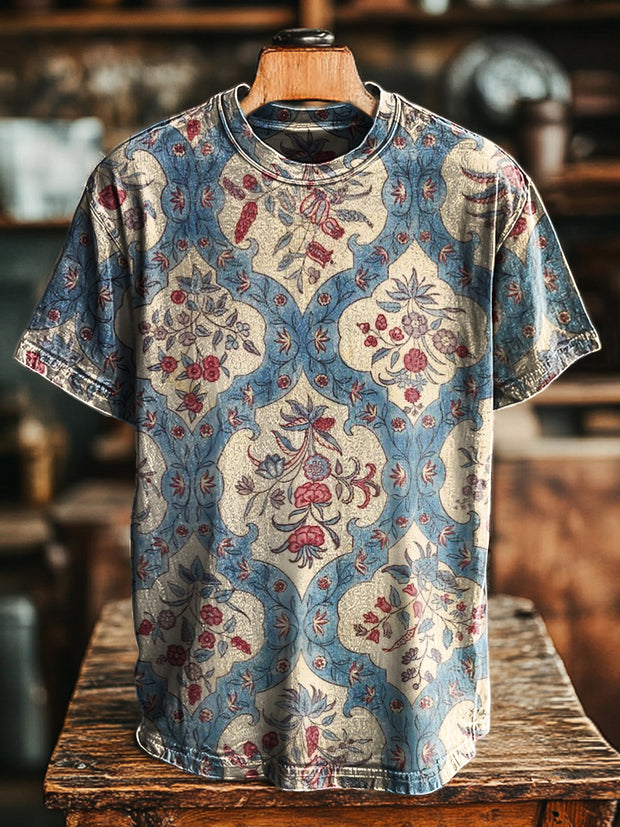 Unisex Retro Geometric Floral Print Casual Loose Short Sleeve T-Shirt