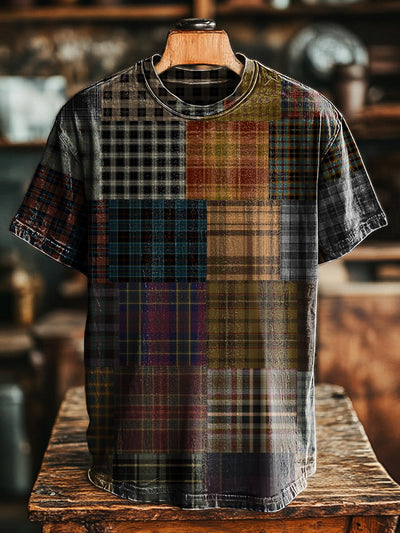 Unisex Retro Plaid Splicing Printed Casual Loose Short Sleeve T-Shirt