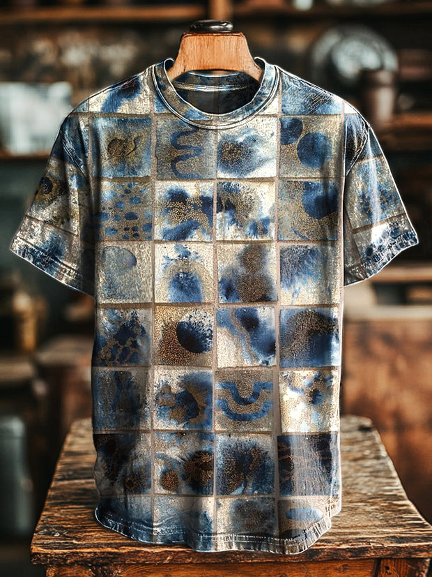 Unisex Retro Abstract Plaid Printed Casual Loose Short Sleeve T-Shirt