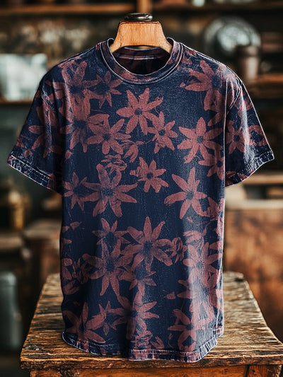 Unisex Retro Abstract Floral Print Casual Loose Short Sleeve T-Shirt