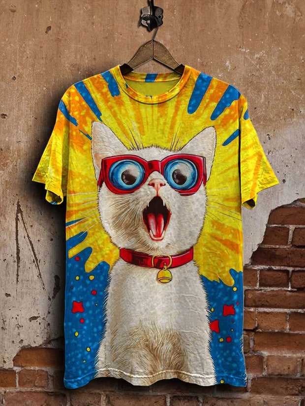 Pop Art Cute Cat Print Casual Short Sleeve T-Shirt