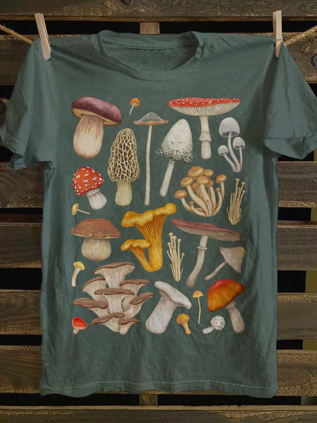 Fun Mushroom Variety Print Casual Short Sleeve T-Shirt