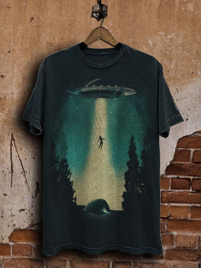 Retro Alien Spaceship Print Casual Short Sleeve T-Shirt