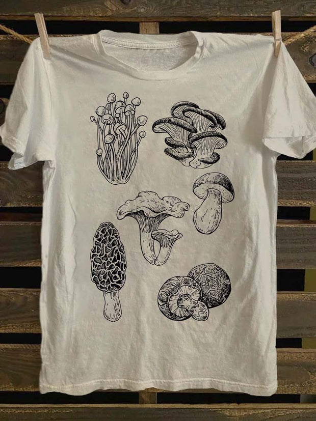 Retro Mushroom Print Casual Short Sleeve T-Shirt