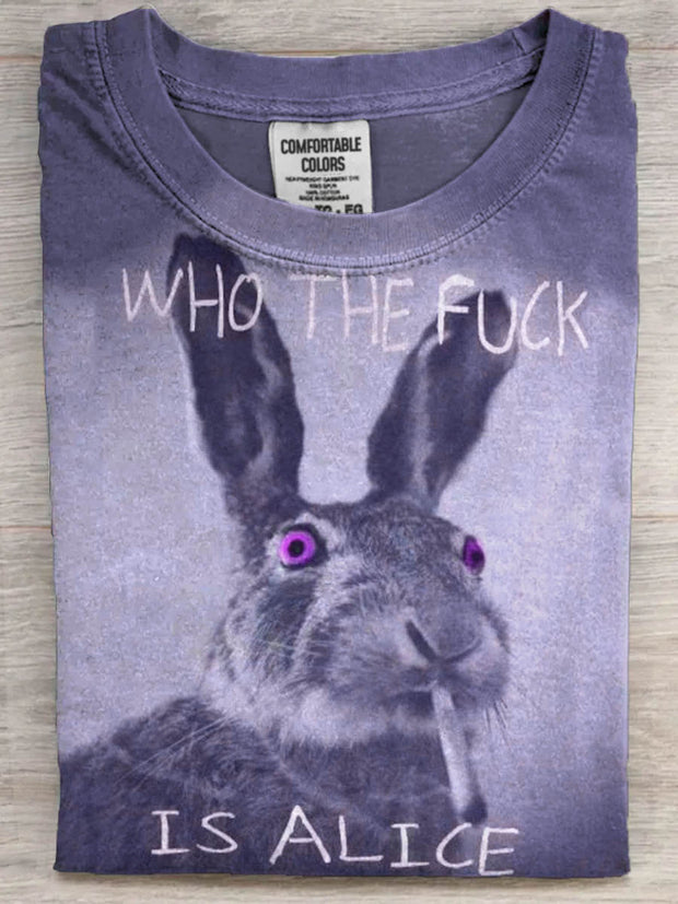 Funny Text Bunny Smoking Print Casual Short Sleeve T-Shirt