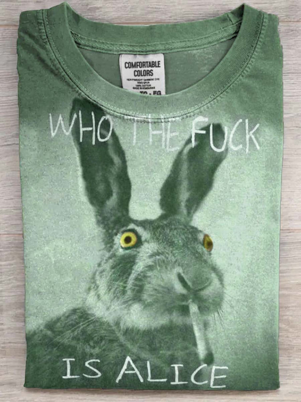 Funny Text Bunny Smoking Print Casual Short Sleeve T-Shirt