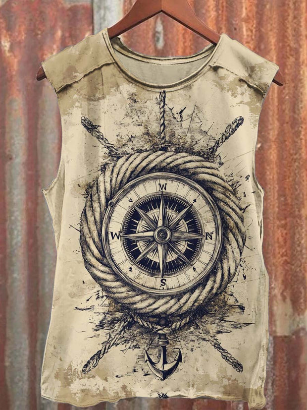 Vintage Nautical Compass Print Casual Vest Top