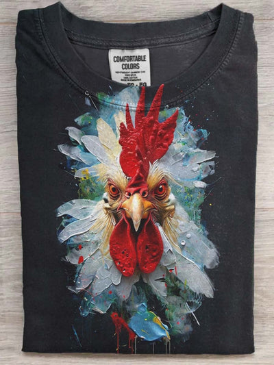 Art Oil Painting Rooster Print Casual Short Sleeve T-Shirt