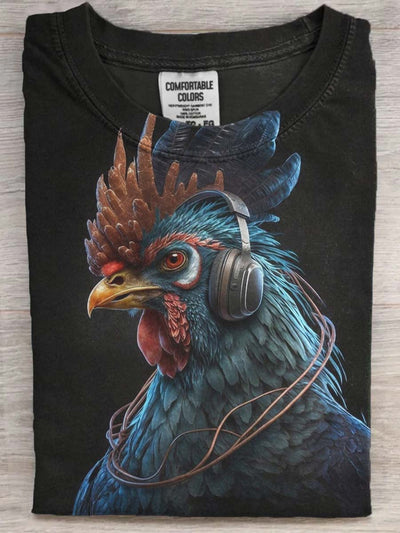 Art Listening Rooster Printed Casual Short Sleeve T-Shirt
