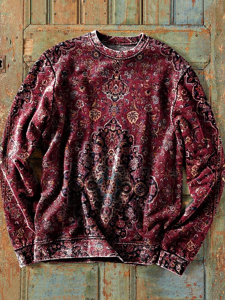 Men's Retro Ethnic Floral Art Print Cotton Crew Neck Sweatshirt