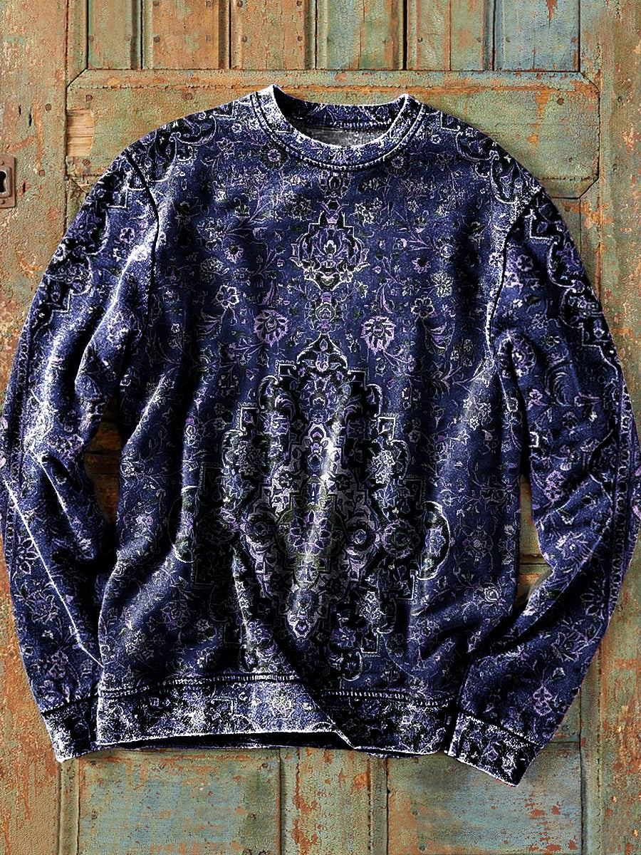 Men's Retro Ethnic Floral Art Print Cotton Crew Neck Sweatshirt
