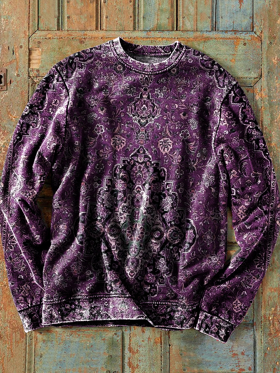 Men's Retro Ethnic Floral Art Print Cotton Crew Neck Sweatshirt