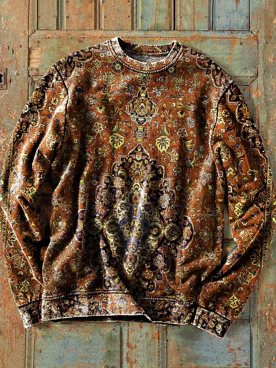 Men's Retro Ethnic Floral Art Print Cotton Crew Neck Sweatshirt