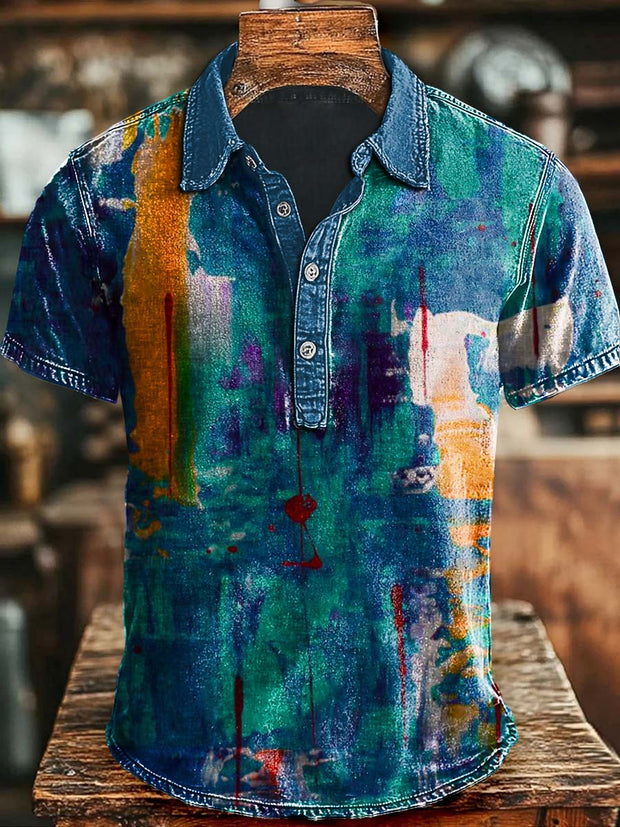 Vintage Abstract Art Color Block Print Casaul Short Sleeve Polo Shirt